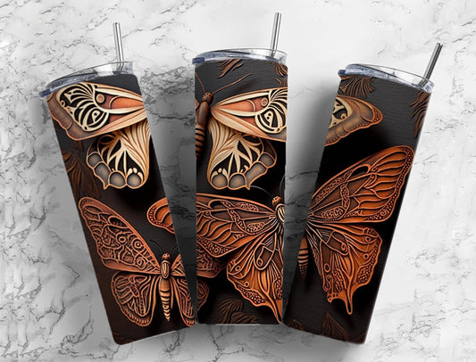 Tooled leather butterflies 20oz Sublimation Tumbler Designs, Engraved leather 9.2 x 8.3” Straight Skinny Tumbler Wrap PNG