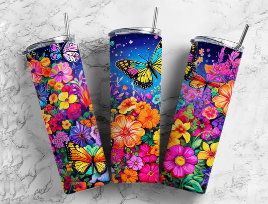 Butterfly garden 20oz Sublimation Tumbler Designs, Rainbow floral 9.2 x 8.3” Straight Skinny Tumbler Wrap PNG