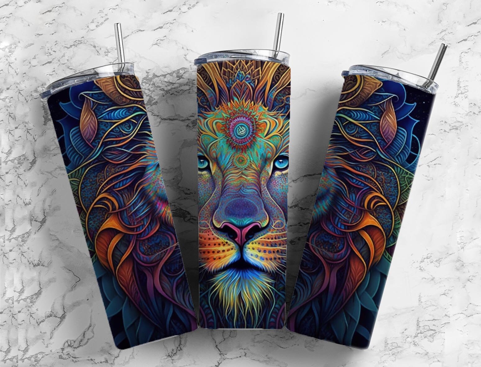 Sublimation PNG Neon lion 20oz Sublimation Tumbler Designs, Rainbow colored 9.2 x 8.3” Straight Skinny Tumbler Wrap PNG-Tumblerwrapdesigns