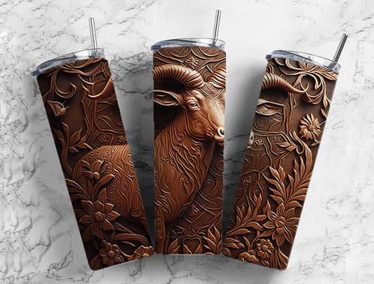 Tooled leather Goat 20oz Sublimation Tumbler Designs, Leather engraved 9.2 x 8.3” Straight Skinny Tumbler Wrap