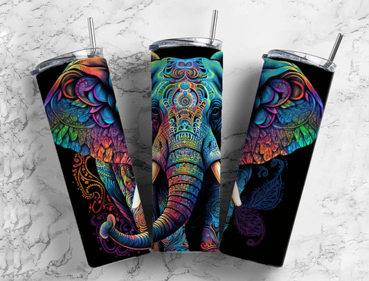 Rainbow elephant 20oz Sublimation Tumbler Designs, Colorful neon 9.2 x 8.3” Straight Skinny Tumbler Wrap PNG