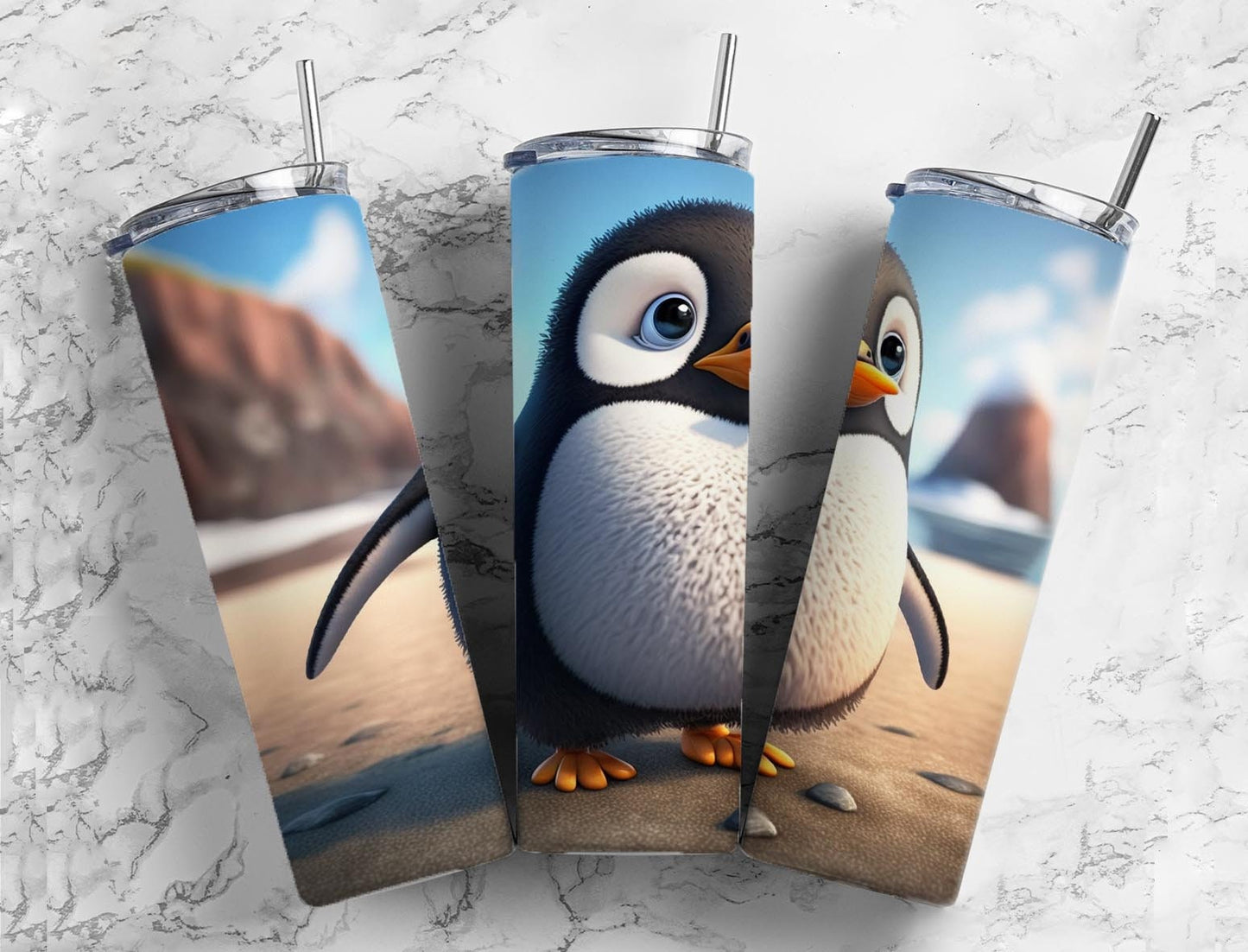 Cartoon penguin 20oz Sublimation Tumbler Designs, ice landscape 9.2 x 8.3” Straight Skinny Tumbler Wrap PNG