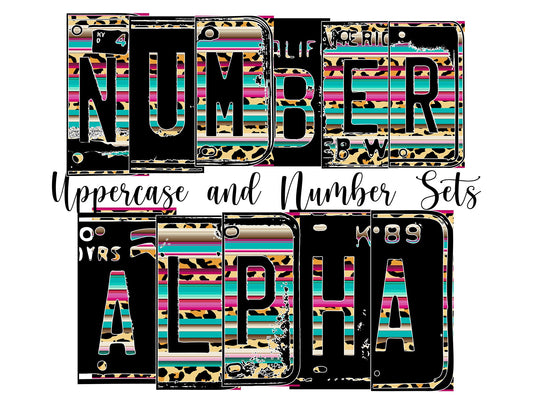 Leopard Serape Number Plate Alphabet Uppercase Numbers PNG, Pink Yellow Teal Alphabet PNG Digital Download