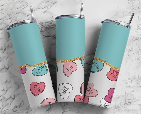 Blue Heart Candy 20oz Sublimation Tumbler Designs, Gold Agate Line 9.2 x 8.3” Straight Skinny Tumbler Wrap PNG 71