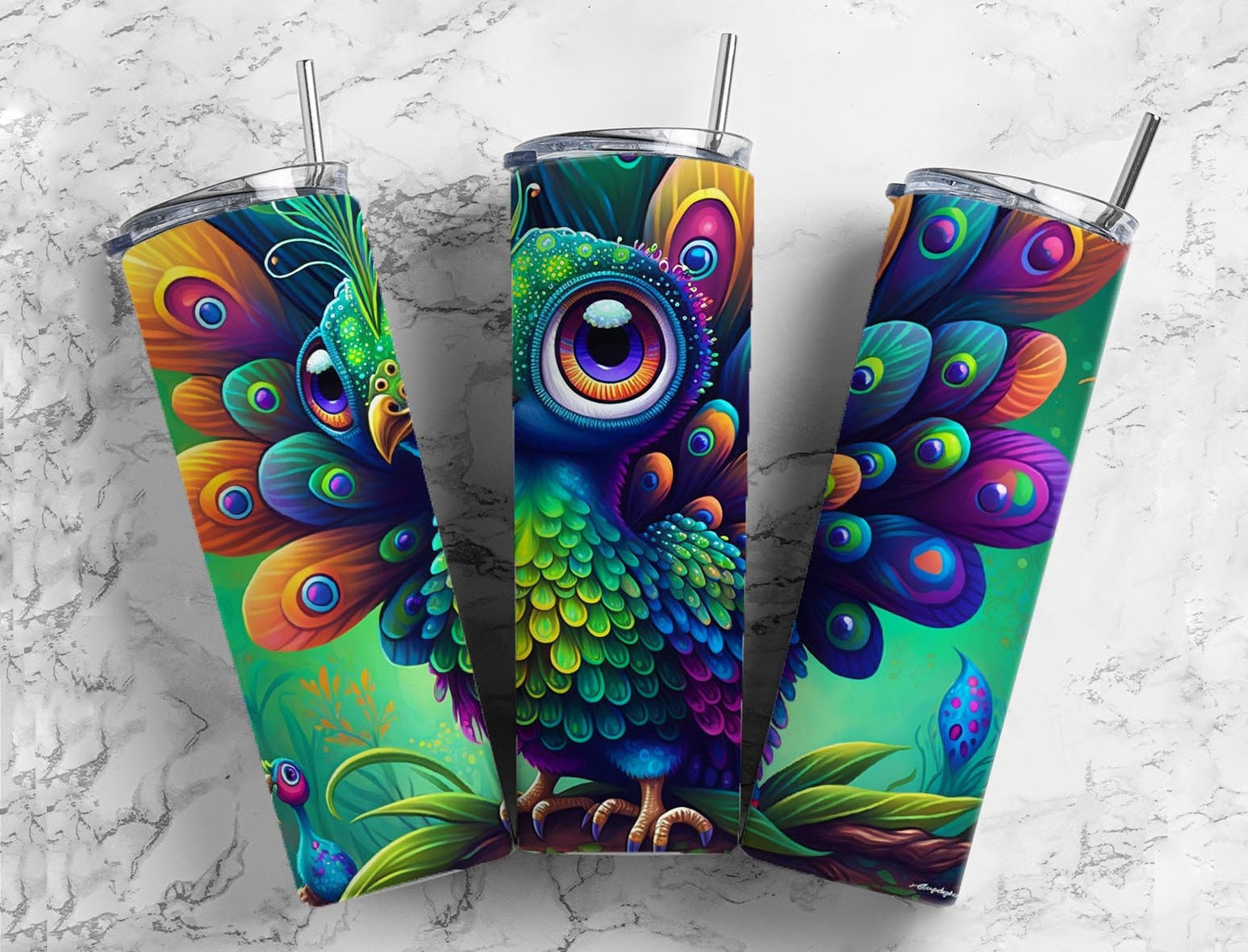 Cartoon peacock 20oz Sublimation Tumbler Designs, Rainbow bird 9.2 x 8.3” Straight Skinny Tumbler Wrap PNG