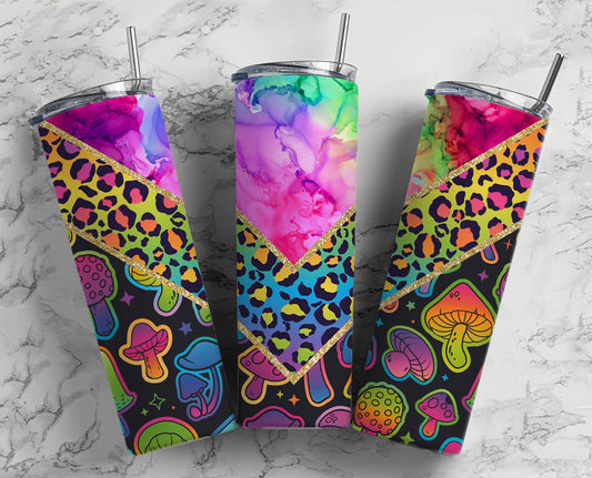 Alcohol Ink Mushroom 20oz Sublimation Tumbler Designs, Fluro Leopard Print V Split 9.2 x 8.3” Straight Skinny Tumbler Wrap PNG 13