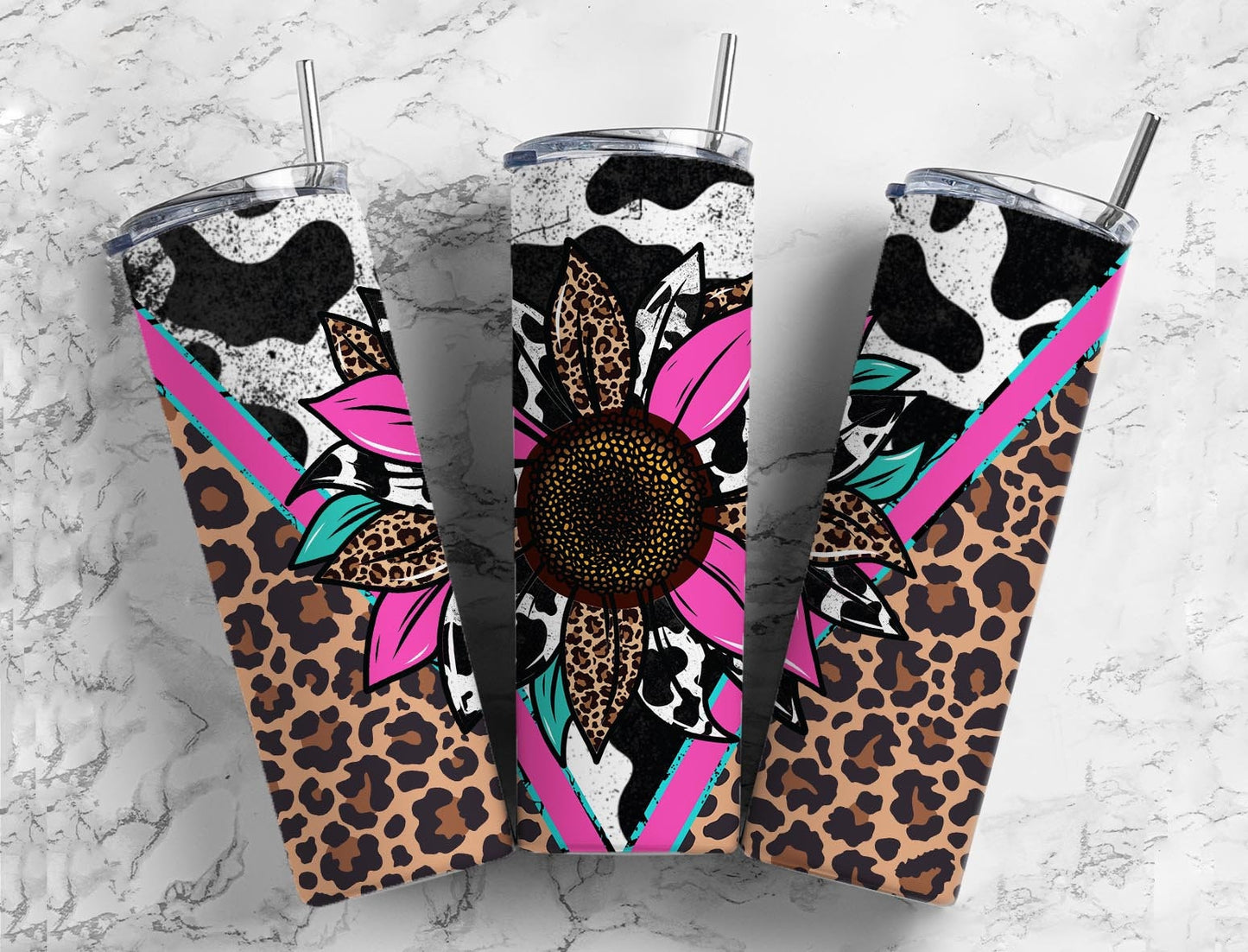 Sunflower Leopard 20oz Sublimation Tumbler Designs, Western Cow Print 9.2 x 8.3” Straight Skinny Tumbler Wrap PNG, Sublimation design