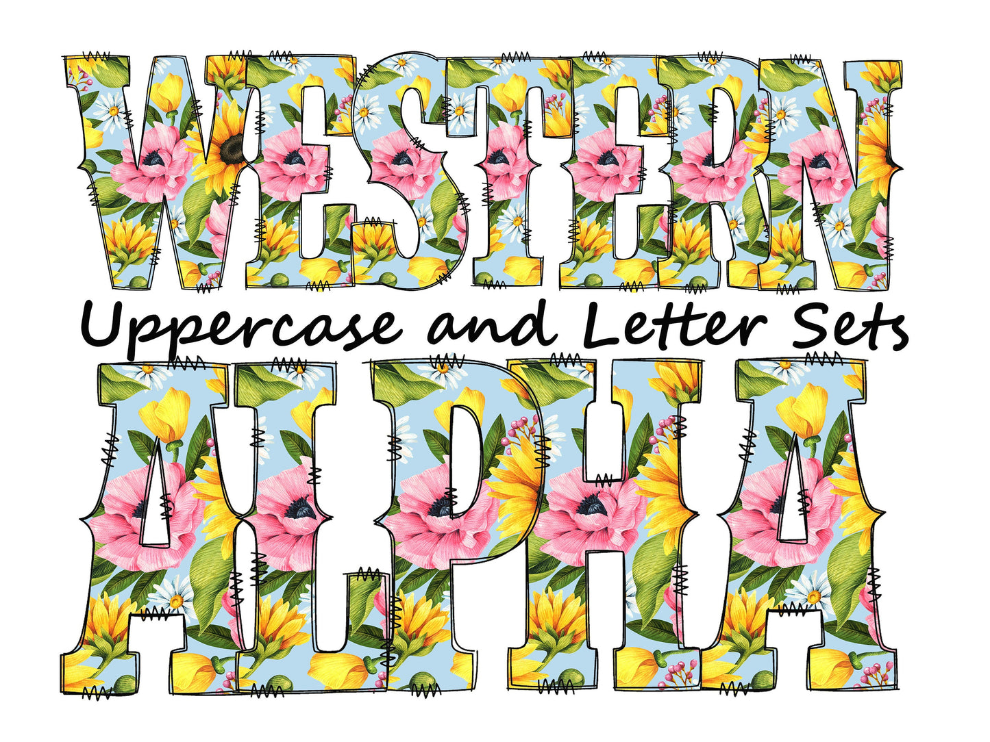 Pink and yellow floral Doodle Letters Western Alphabet, Shabby chic Alphabet PNG, Entire Doodle Alphabet Uppercase and Numbers PNG