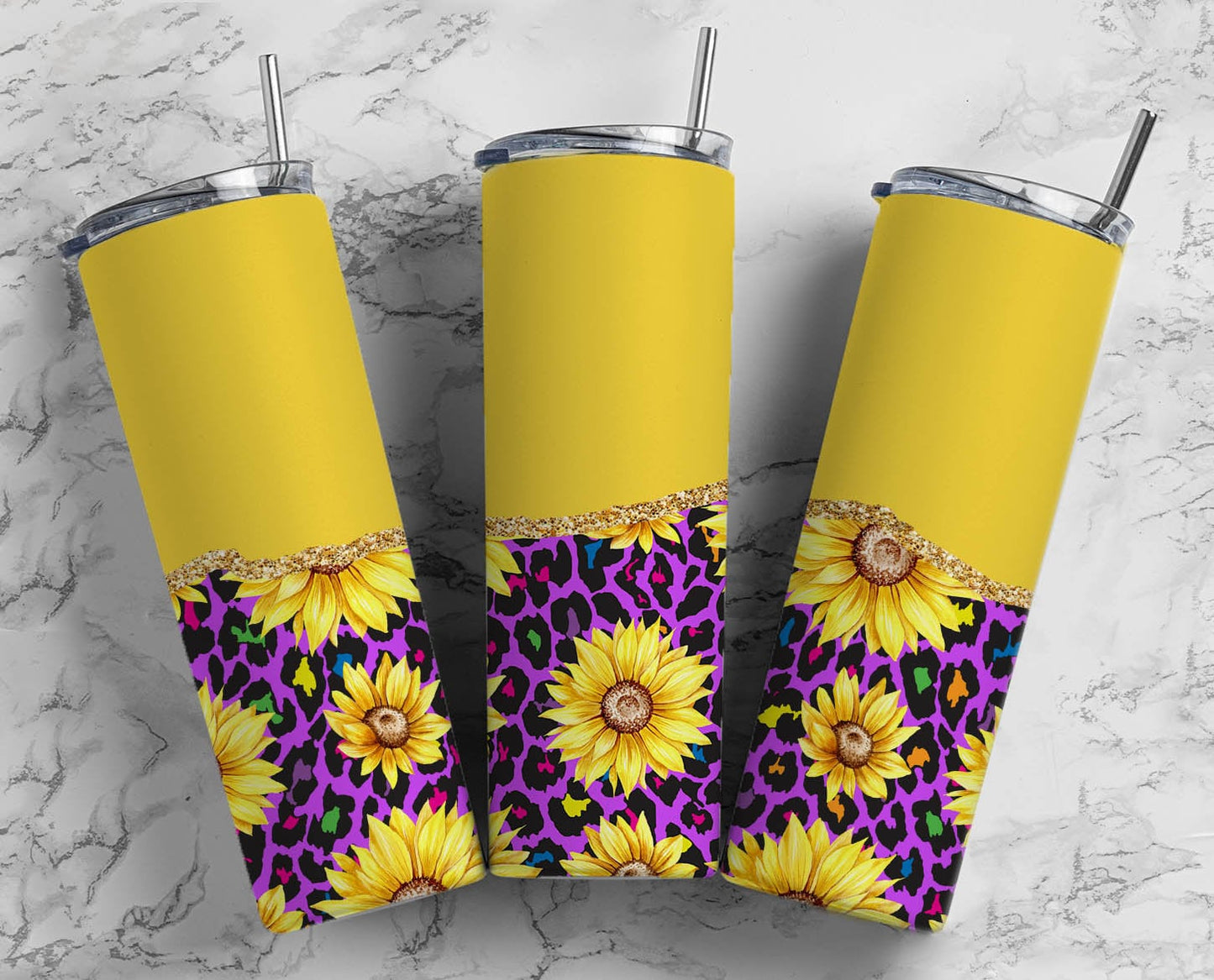 Sunflower Leopard Print 20oz Sublimation Tumbler Designs, Fluro Animal Print Gold Glitter Agate 9.2 x 8.3” Straight Skinny Tumbler Wrap 30