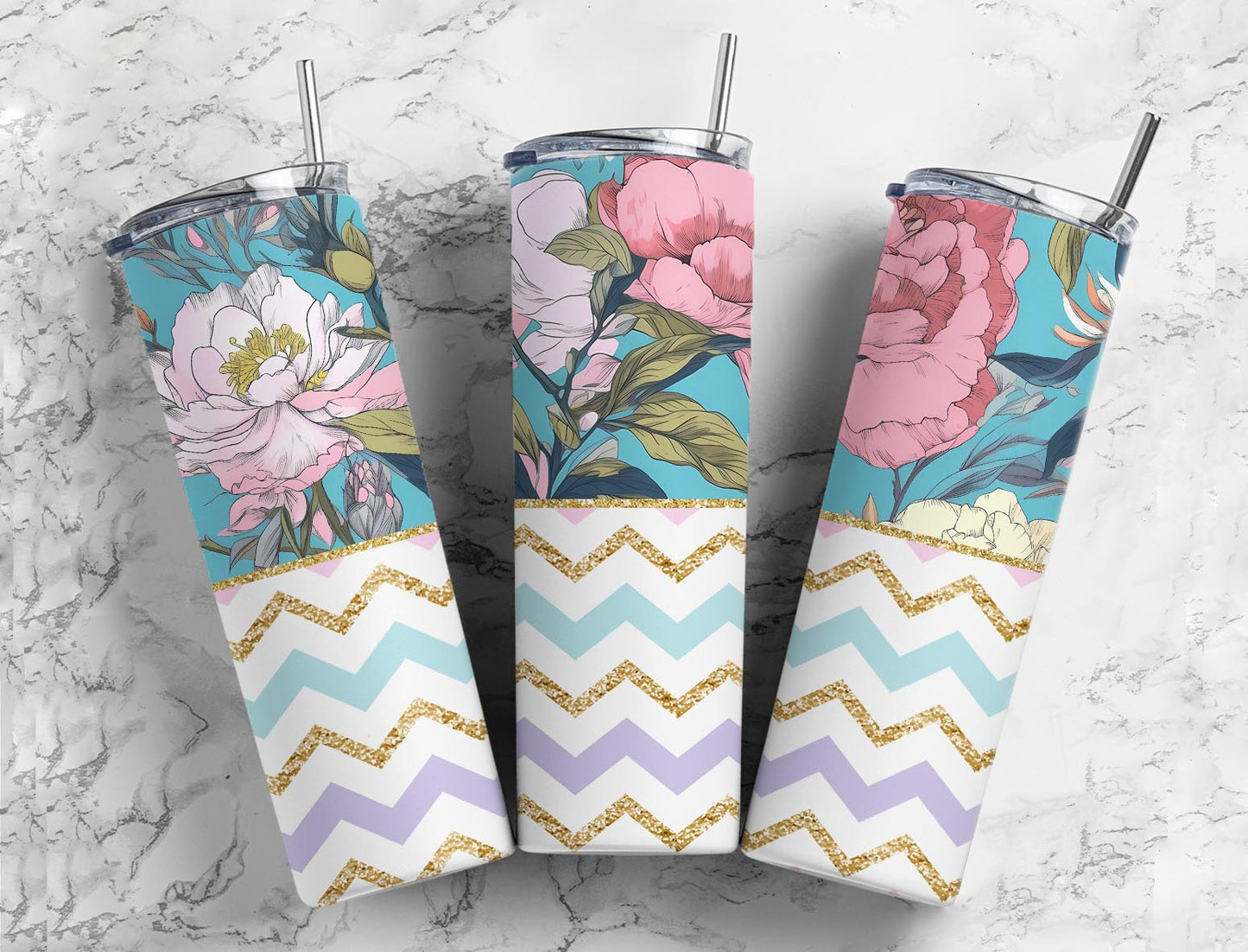 Chevron floral 20oz Sublimation Tumbler Designs, half split 9.2 x 8.3” Straight Skinny Tumbler Wrap PNG