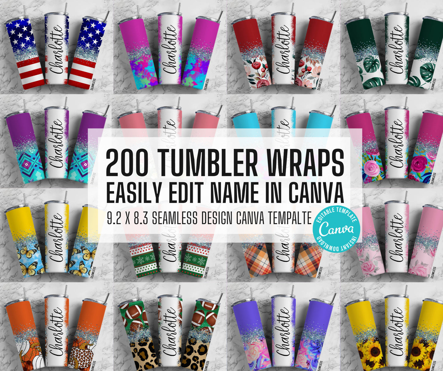 Glitter Mega Bundle 200 Editable Canva Tumbler Templates, Add Your Own Name, Canva Template, 9.2x8.3 Seamless Tumbler Wrap Designs