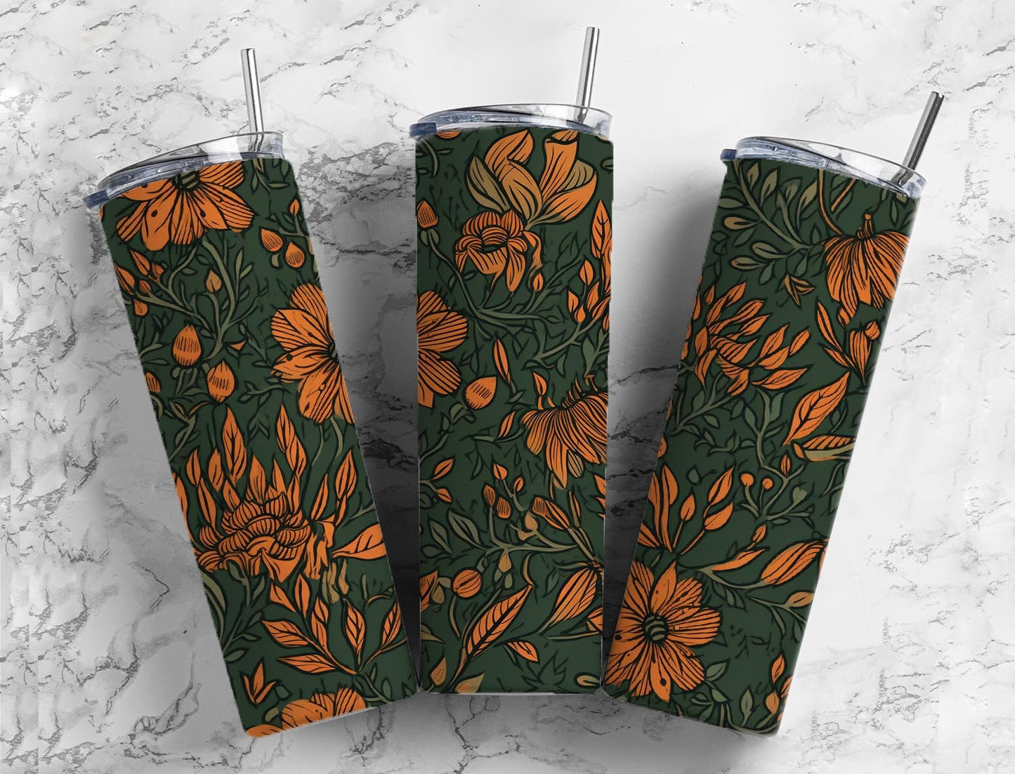 retro floral 20oz Sublimation Tumbler Designs, orange flower 9.2 x 8.3” Straight Skinny Tumbler Wrap PNG