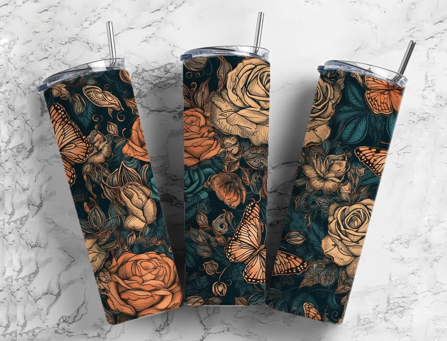 Butterfly roses 20oz Sublimation Tumbler Designs, Botanical floral 9.2 x 8.3” Straight Skinny Tumbler Wrap PNG