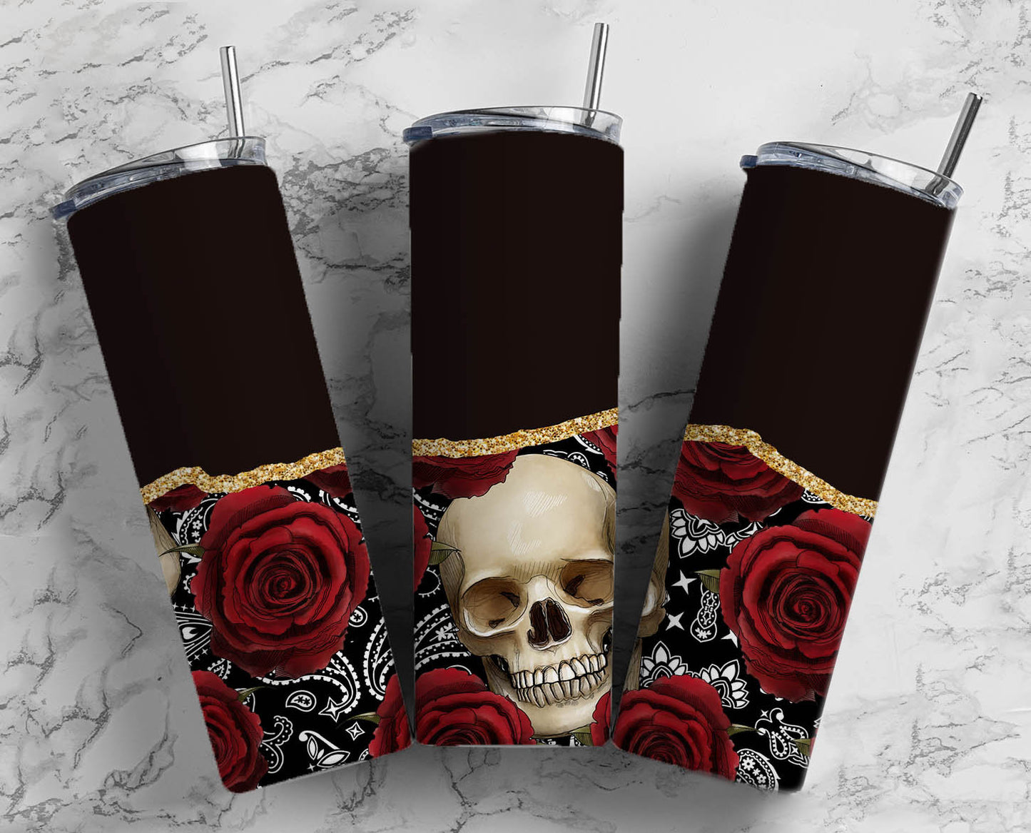 Skull and Rose 20oz Sublimation Tumbler Designs, Black Rose 9.2 x 8.3” Straight Skinny Tumbler Wrap 20