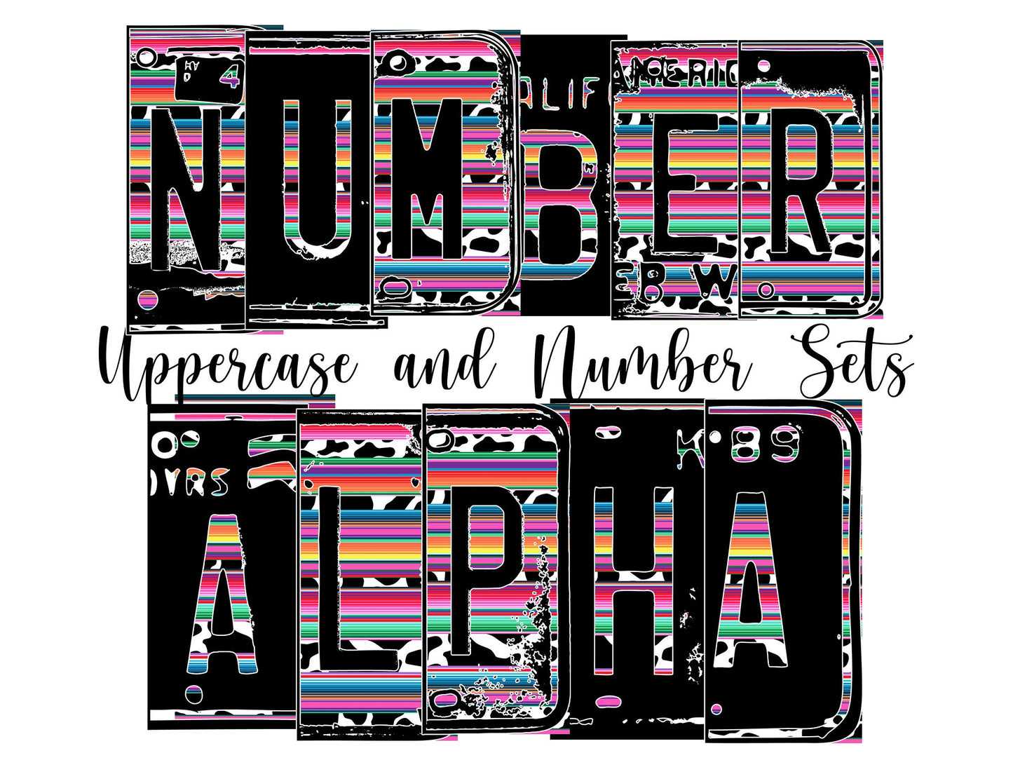 Cow serape Number Plate Alphabet Uppercase Numbers PNG, Pink Blue Alphabet PNG Digital Download