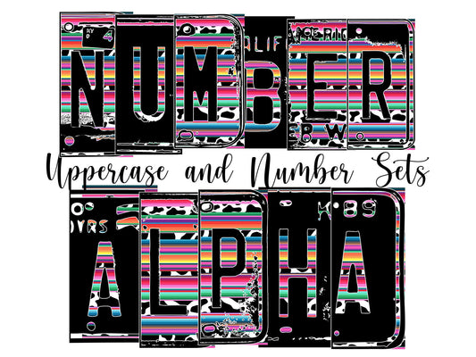 Cow serape Number Plate Alphabet Uppercase Numbers PNG, Pink Blue Alphabet PNG Digital Download