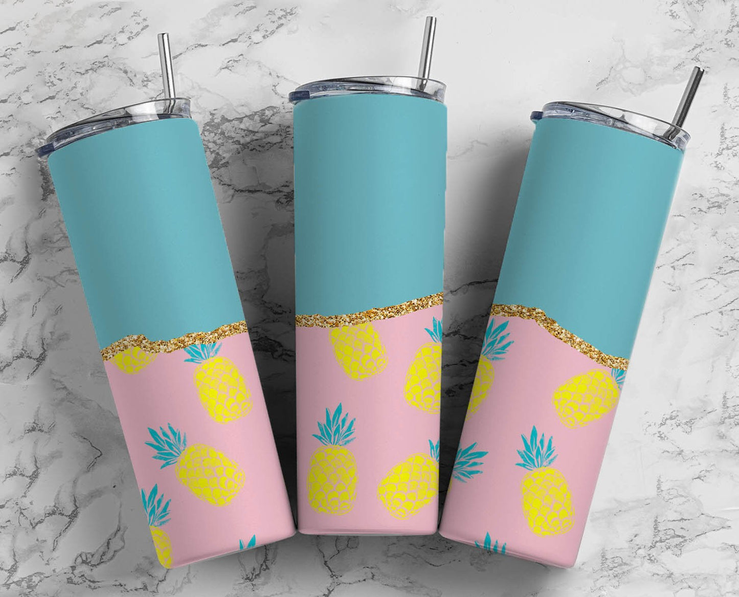 Pink Pineapple 20oz Sublimation Tumbler Designs, Gold Agate Line 9.2 x 8.3” Straight Skinny Tumbler Wrap PNG 70