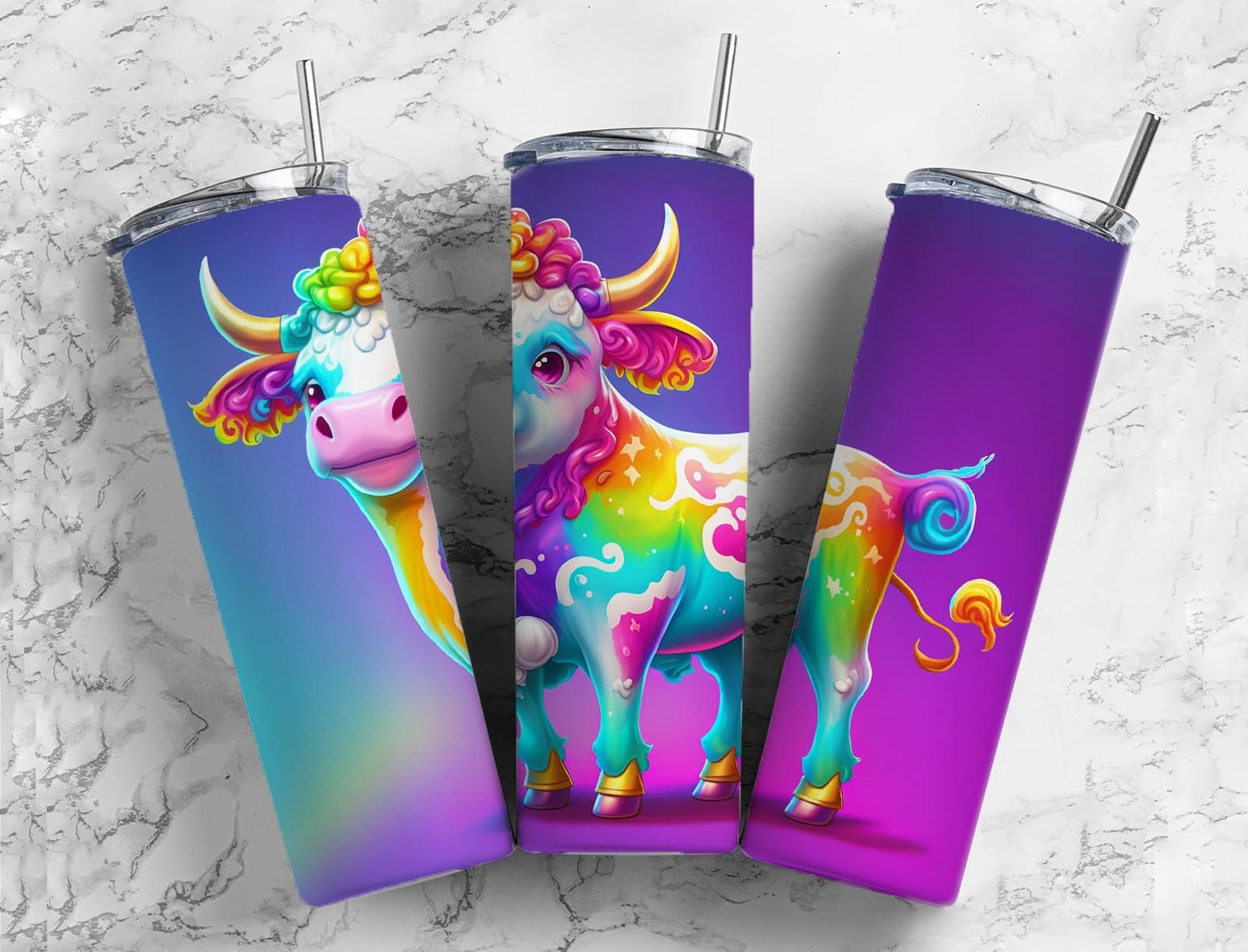 Cartoon cow 20oz Sublimation Tumbler Designs, Colorful rainbow 9.2 x 8.3” Straight Skinny Tumbler Wrap PNG