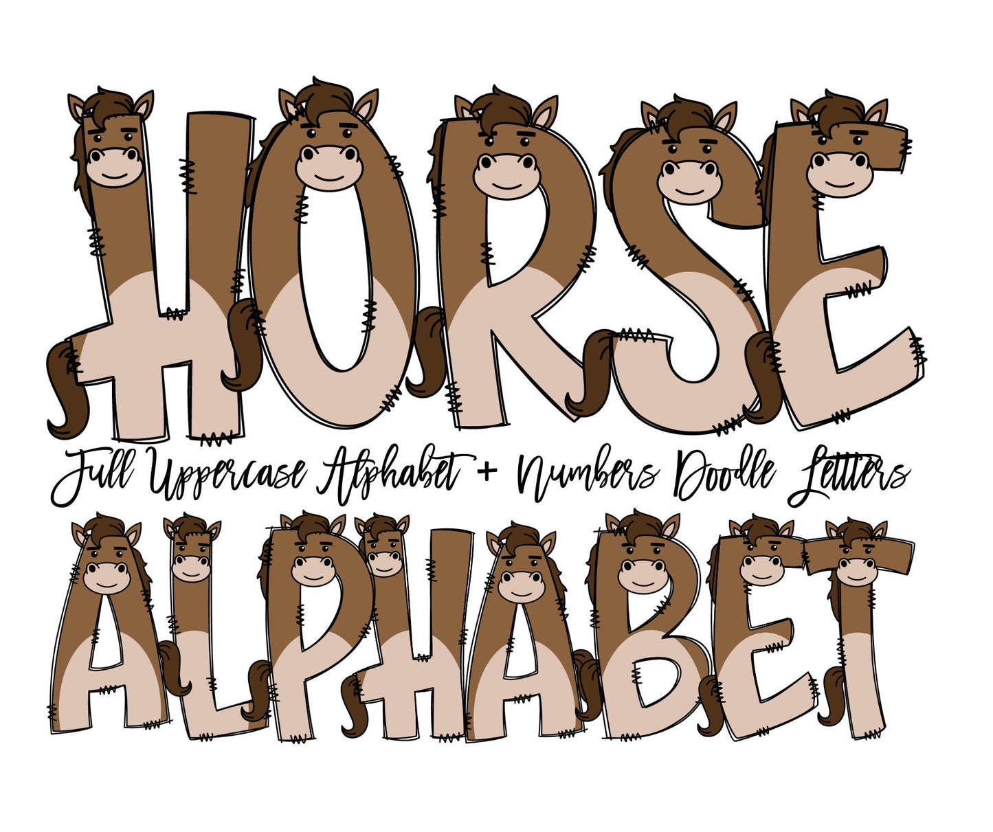 Horse Doodle Letters, Farm Alphabet, Animal Alphabet PNG, Entire Doodle Alphabet Uppercase Lowercase Numbers PNG