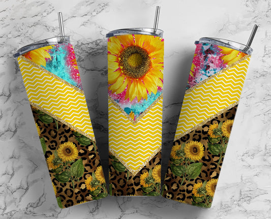 Sunflower Flower Boho 20oz Sublimation Tumbler Designs, Floral Gold Glitter V Split 9.2 x 8.3” Straight Skinny Tumbler Wrap PNG 43