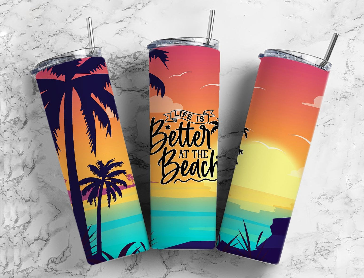 Life is better at the Beach 20oz Sublimation Tumbler Designs, Motivational 9.2 x 8.3” Straight Skinny Tumbler Wrap,Beach Tumbler PNG