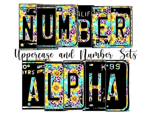 Turquoise Sunflower Number Plate Alphabet Uppercase Numbers PNG, Leopard Alphabet PNG Digital Download