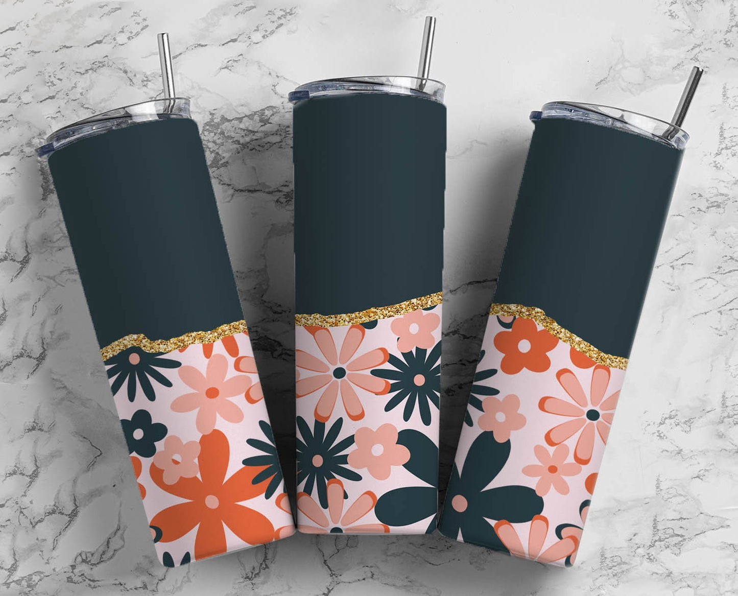 Retro Flower 20oz Sublimation Tumbler Designs, AestheticFloral 9.2 x 8.3” Straight Skinny Tumbler Wrap PNG, Gold Agate 165