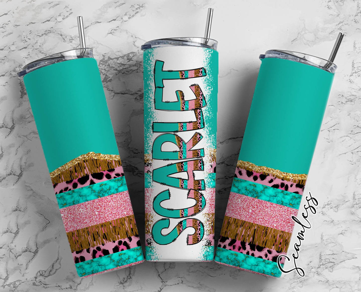 Country Tassel Tumbler Wrap with Matching Doodle Letter Alphabet PNG, Turquoise Pink Add your Own name 20oz Tumbler, Teal Alpha Set PNG 17