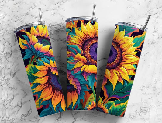 Colorful sunflower 20oz Sublimation Tumbler Designs, Rainbow floral 9.2 x 8.3” Straight Skinny Tumbler Wrap PNG