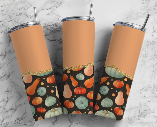 Pumpkin Fall 20oz Sublimation Tumbler Designs, Peach Gold Agate Line 9.2 x 8.3” Straight Skinny Tumbler Wrap PNG 199