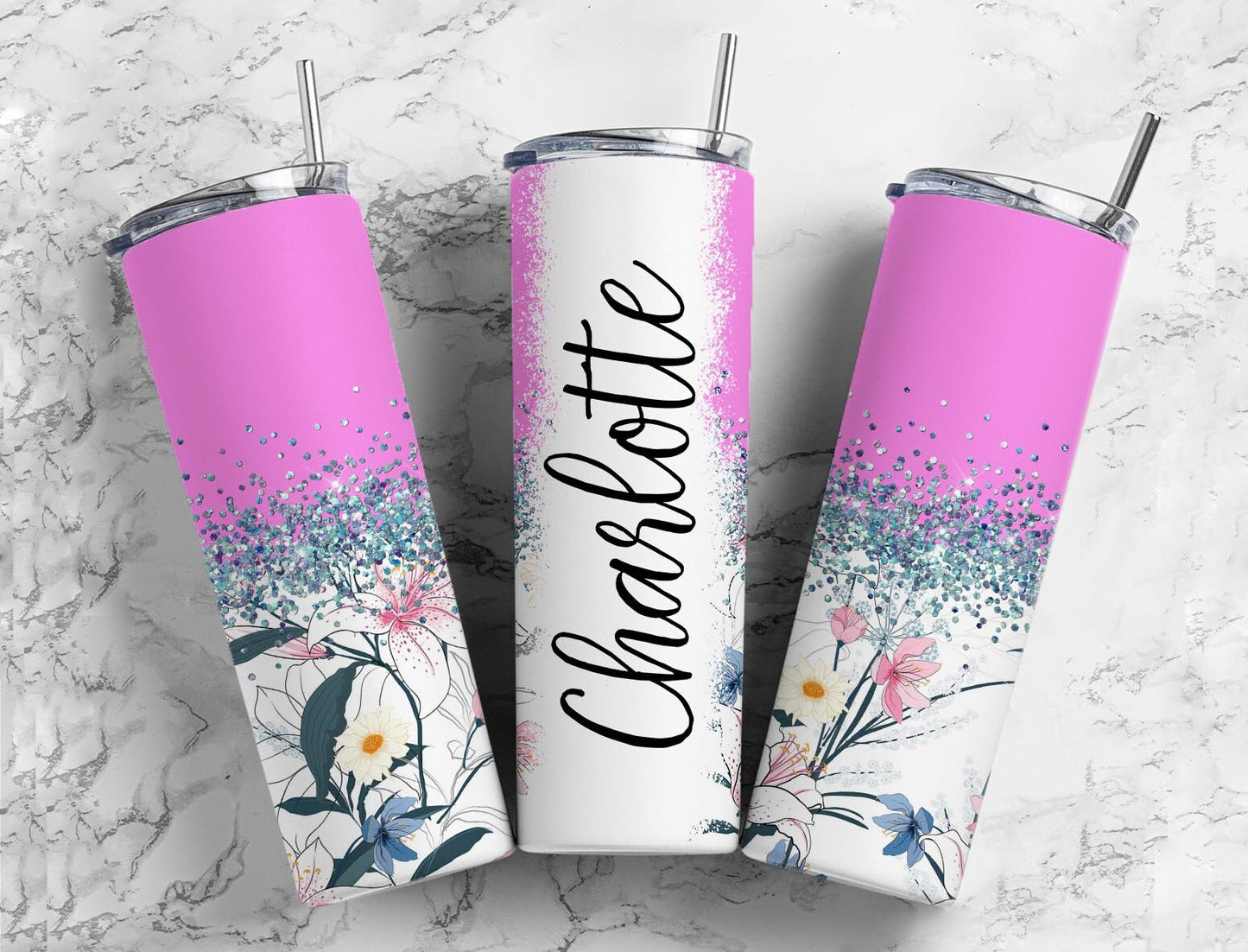 Vintage Florets 20oz Sublimation Tumbler Designs, Iridescent Glitter Pink 9.2 x 8.3” Straight Skinny Tumbler, PNG 65p99