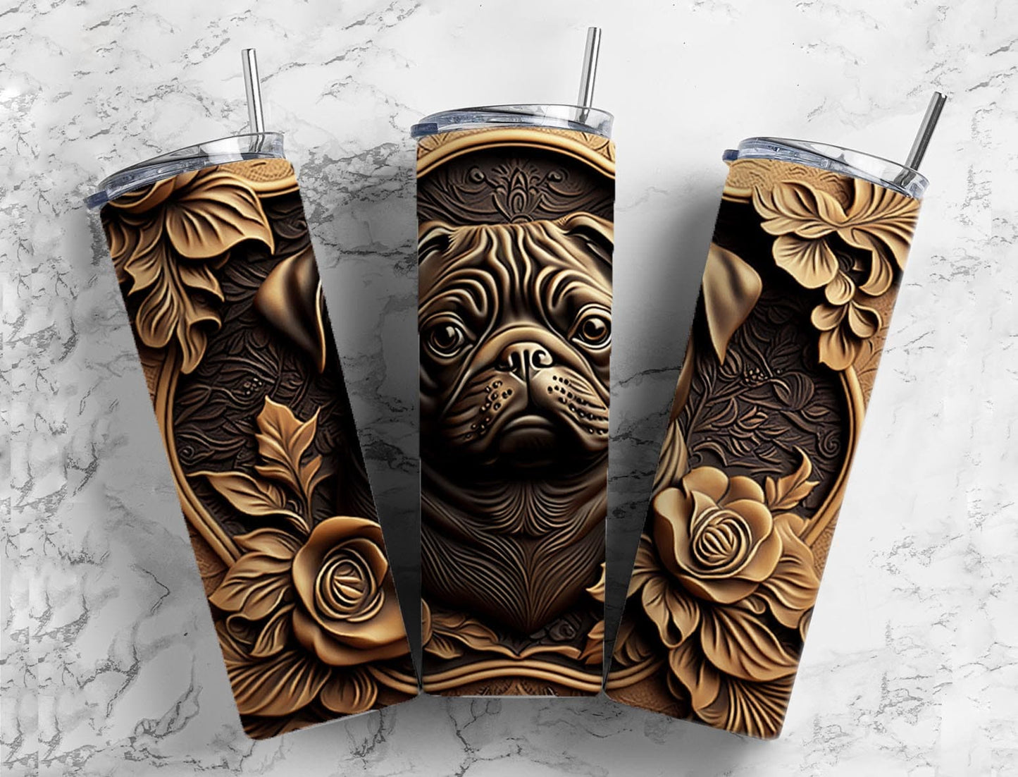 Tooled leather pug 20oz Sublimation Tumbler Designs, Engraved leather 9.2 x 8.3” Straight Skinny Tumbler Wrap PNG