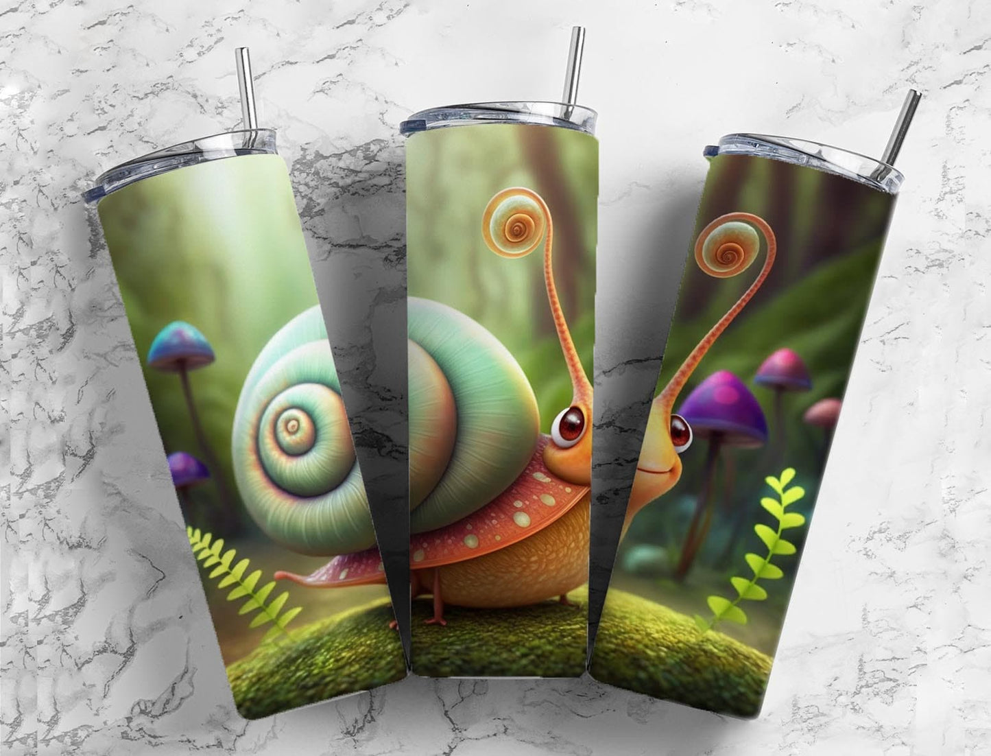 Cartoon snail 20oz Sublimation Tumbler Designs, Mushroom forest 9.2 x 8.3” Straight Skinny Tumbler Wrap PNG