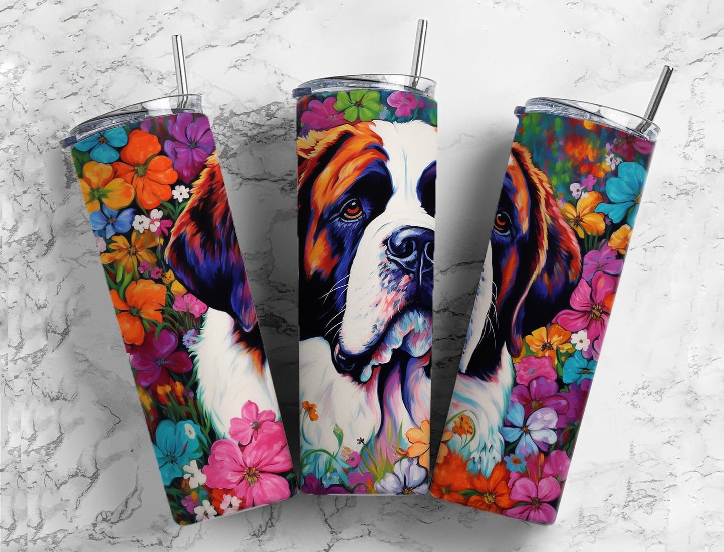 St Bernard dog 20oz Sublimation Tumbler Designs, Colorful floral 9.2 x 8.3” Straight Skinny Tumbler Wrap PNG