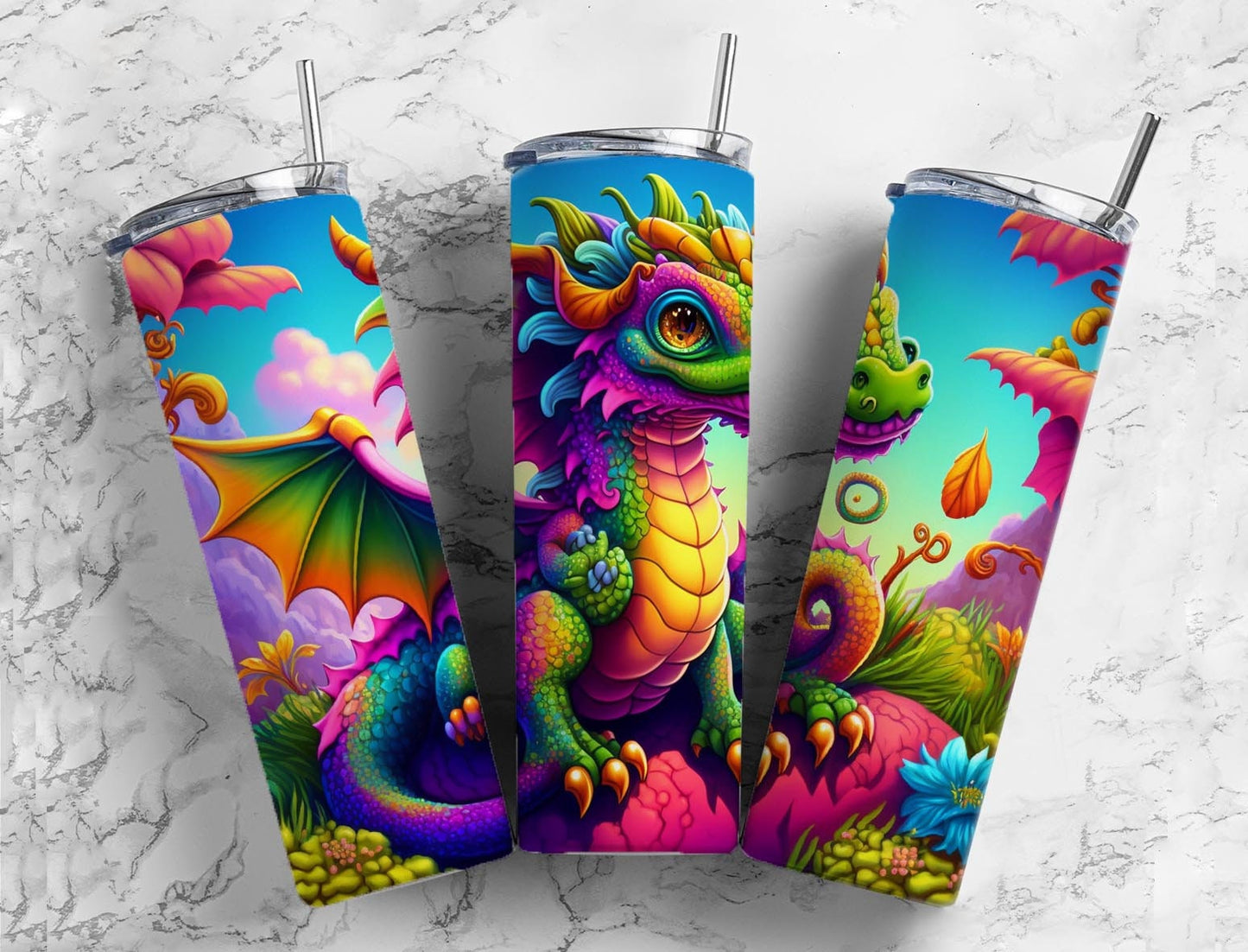 Cartoon dragon 20oz Sublimation Tumbler Designs, Rainbow fantasy 9.2 x 8.3” Straight Skinny Tumbler Wrap PNG