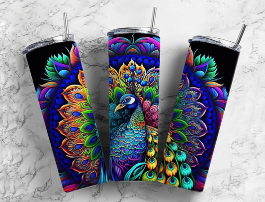 Neon peacock 20oz Sublimation Tumbler Designs, Colorful rainbow 9.2 x 8.3” Straight Skinny Tumbler Wrap PNG