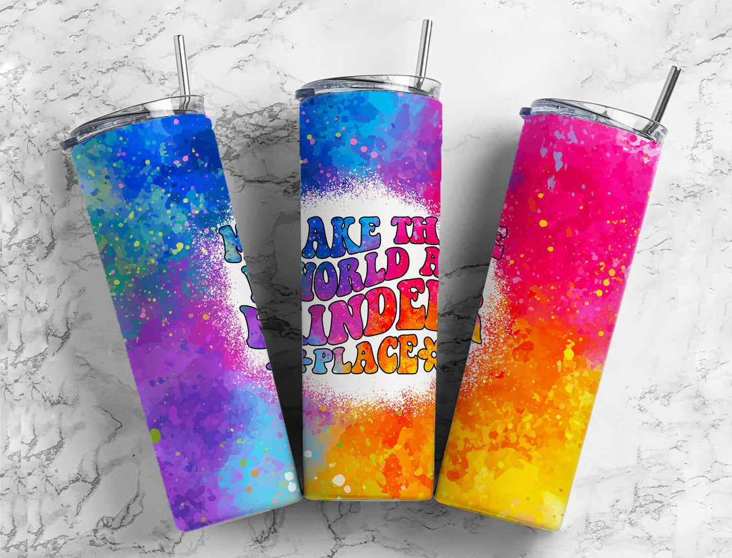 Rainbow Hippie 20oz Sublimation Tumbler Designs, tie Dye Make The World A Kinder Place 9.2 x 8.3” Straight Skinny Tumbler PNG