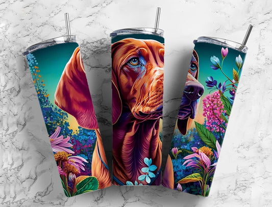 Vizsla dog 20oz Sublimation Tumbler Designs, Floral landscape 9.2 x 8.3” Straight Skinny Tumbler Wrap PNG