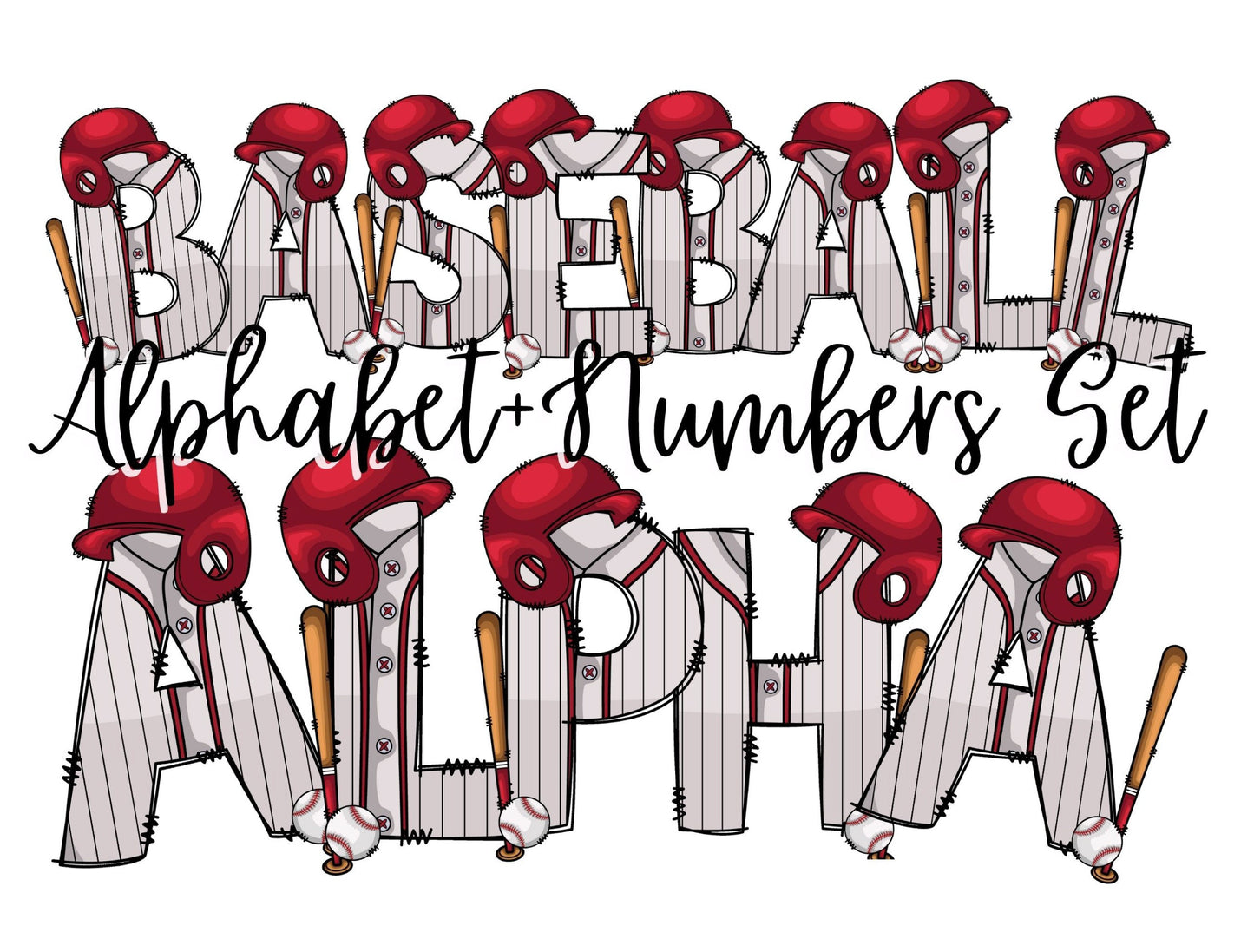 Baseball Doodle Letter Alphabet with Uppercase and Numbers PNG, Alphabet PNG Digital Download