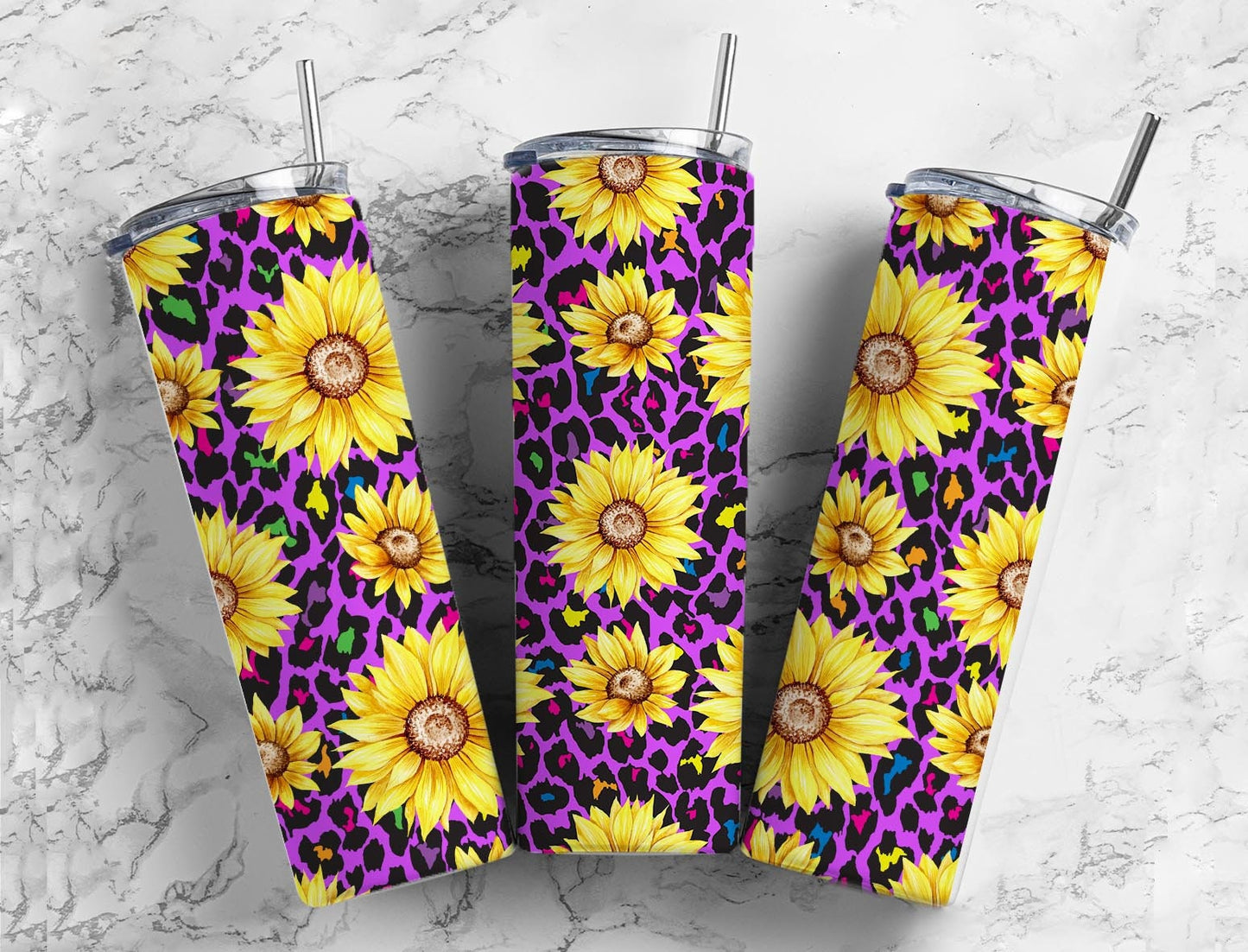 Purple Sunflower 20oz Sublimation Tumbler Designs, Gold Leopard Print 9.2 x 8.3” Straight Skinny Tumbler Wrap PNG