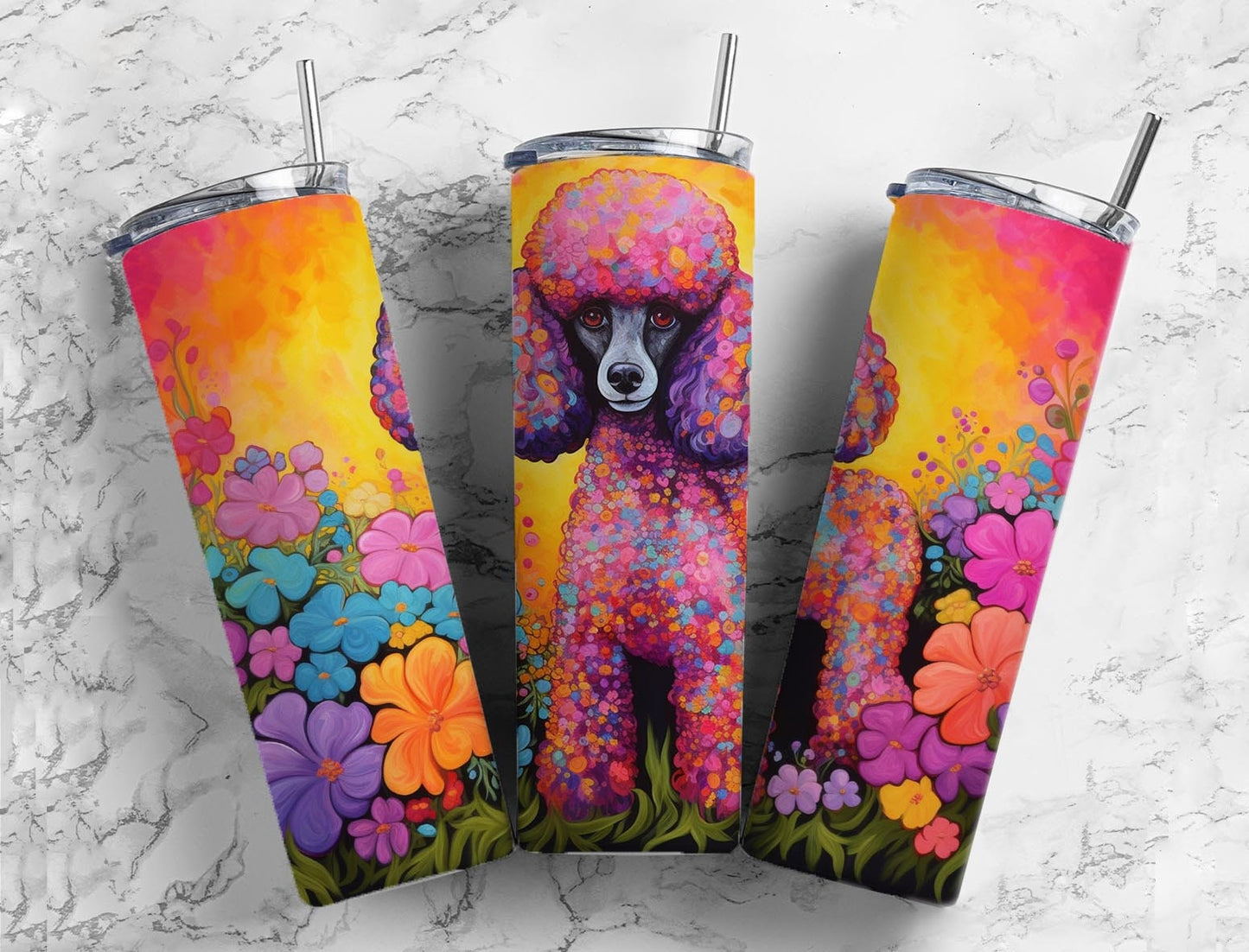 Poodle 20oz Sublimation Tumbler Designs, colorful floral 9.2 x 8.3” Straight Skinny Tumbler Wrap PNG