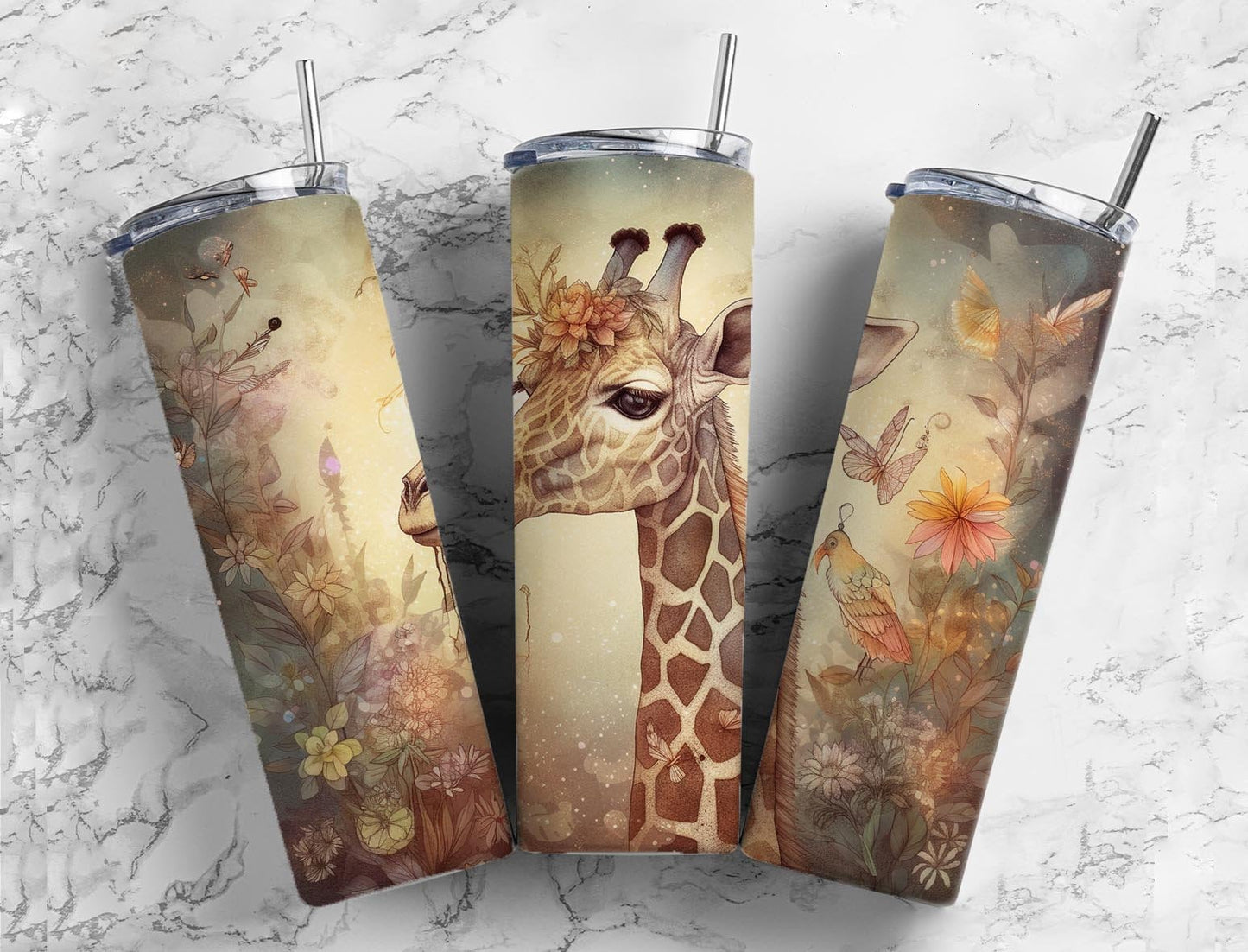 Neutral giraffe 20oz Sublimation Tumbler Designs, Soft floral 9.2 x 8.3” Straight Skinny Tumbler Wrap PNG