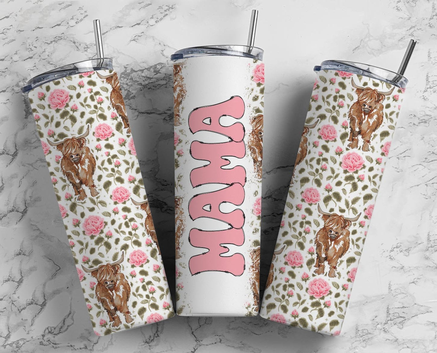 Pink Highland Cow 20oz Sublimation Tumbler Designs, Retro Mama 9.2 x 8.3” Straight Skinny Tumbler Wrap PNG, Mom Tumbler