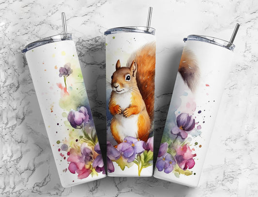 squirrel 20oz Sublimation Tumbler Designs, watercolor floral 9.2 x 8.3” Straight Skinny Tumbler Wrap PNG