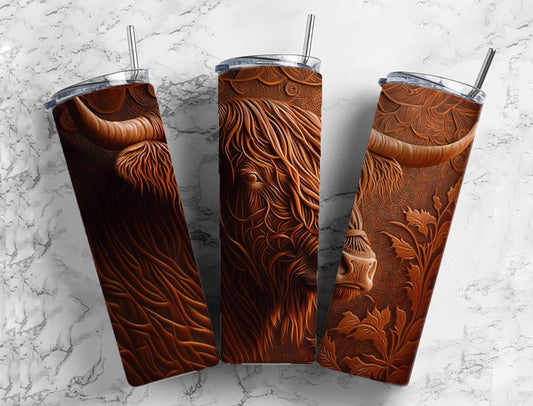 Tooled leather highland cow 20oz Sublimation Tumbler Designs, country western 9.2 x 8.3” Straight Skinny Tumbler Wrap