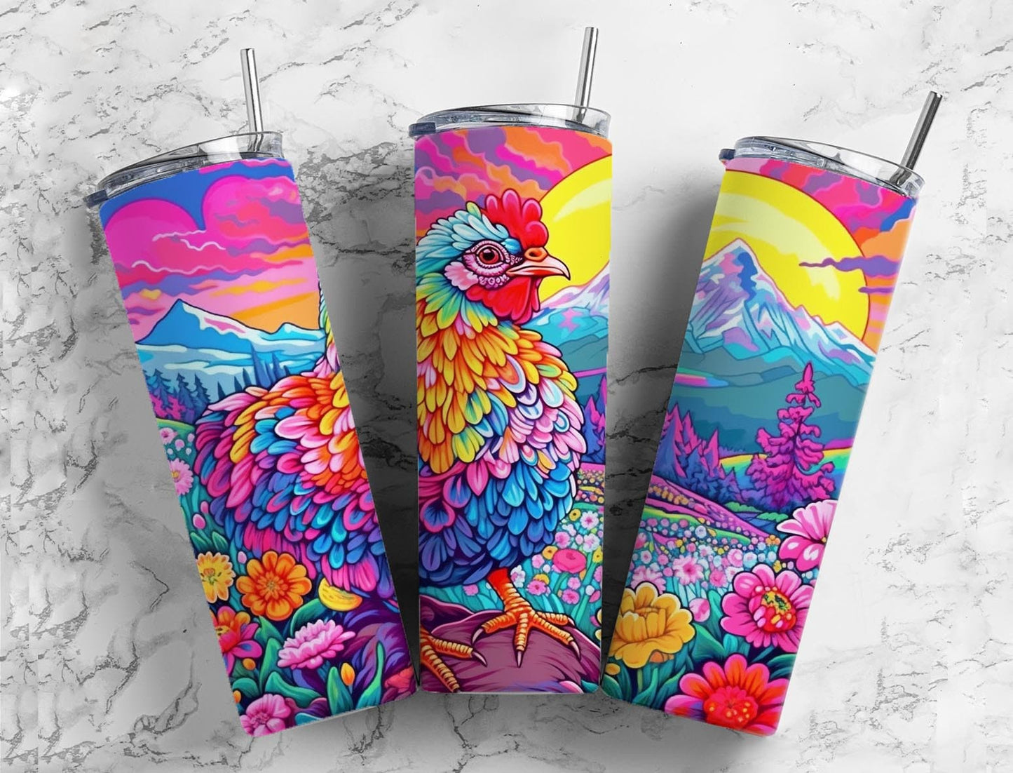 Rainbow chicken 20oz Sublimation Tumbler Designs, Floral landscape 9.2 x 8.3” Straight Skinny Tumbler Wrap PNG