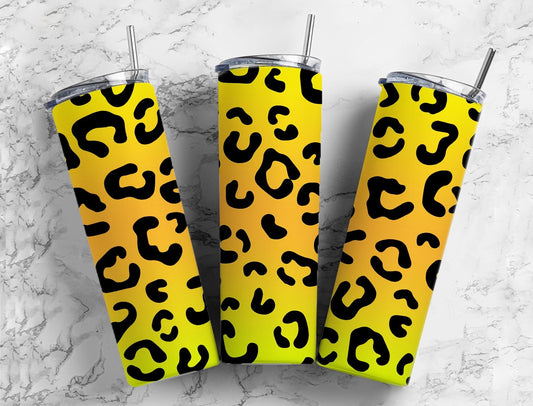 Yellow and orange gradient 20oz Sublimation Tumbler Designs, leopard print 9.2 x 8.3” Straight Skinny Tumbler Wrap PNG