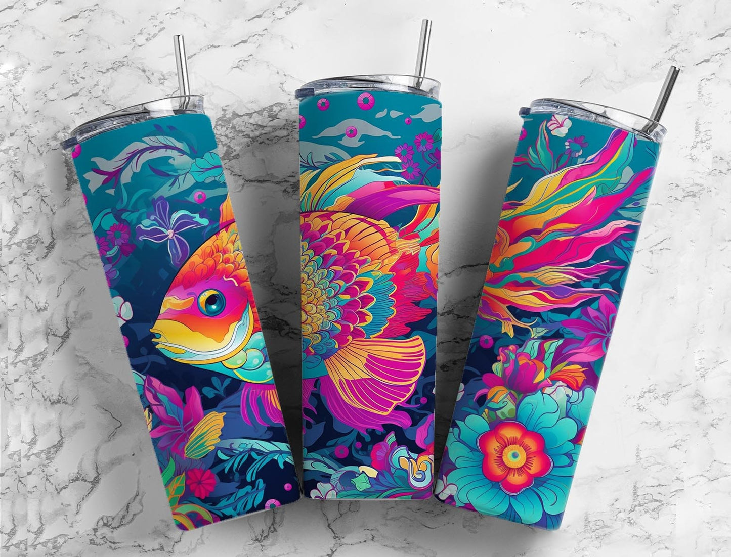 rainbow fish 20oz Sublimation Tumbler Designs, Floral ocean 9.2 x 8.3” Straight Skinny Tumbler Wrap PNG