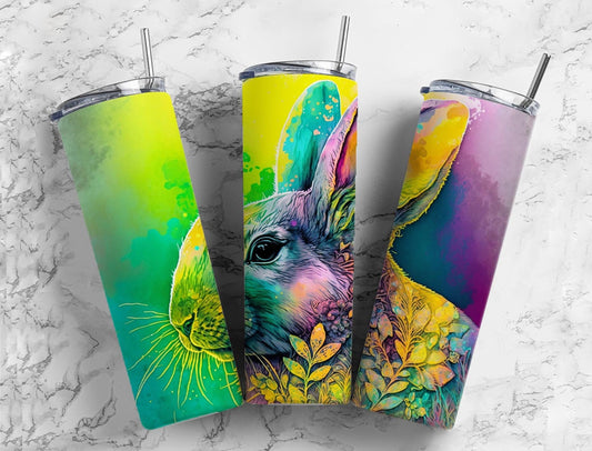 Colorful rabbit 20oz Sublimation Tumbler Designs, Alcohol ink floral 9.2 x 8.3” Straight Skinny Tumbler Wrap PNG