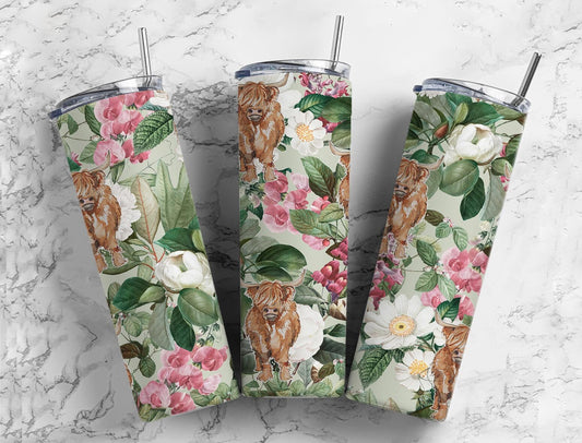 Highland cow floral 20oz Sublimation Tumbler Designs, Country western 9.2 x 8.3” Straight Skinny Tumbler Wrap PNG